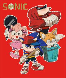 Rule 34 | 1girl, 3boys, alternate costume, amy rose, ana (mother), ana (mother) (cosplay), animal ears, animal nose, aoki (fumomo), arm up, arms up, baseball bat, baseball cap, biceps, black eyes, black pants, blue fur, blue hair, blue shorts, blush, bobby socks, body fur, bow, closed mouth, collared dress, copyright name, cosplay, dress, ears through headwear, english text, flat chest, flexing, fox boy, fox ears, fox tail, frying pan, full body, furry, furry female, furry male, glasses, gloves, hair bow, happy, hat, holding, holding baseball bat, holding frying pan, in container, knuckles the echidna, lloyd (mother), lloyd (mother) (cosplay), logo parody, long hair, mother (game), mother 1, multiple boys, neckerchief, ninten, ninten (cosplay), nintendo, opaque glasses, open mouth, outline, pants, pince-nez, pink bow, pink dress, pink footwear, pink fur, pink hair, red background, red footwear, red fur, red hair, red headwear, red neckerchief, red shirt, round eyewear, shirt, shoes, short dress, short hair, short sleeves, shorts, sidelocks, simple background, sleeveless, sleeveless shirt, smile, snout, socks, sonic (series), sonic the hedgehog, spiked hair, standing, striped clothes, striped shirt, sunglasses, tail, tails (sonic), teddy (mother), teddy (mother) (cosplay), trash can, triangular eyewear, two-tone fur, two-tone shirt, white fur, white gloves, white outline, white socks, yellow fur