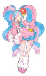 Rule 34 | 1girl, bull sprite (pokemon), cardigan, clefairy sprite (pokemon), creatures (company), earrings, fairy miku (project voltage), fish sprite (pokemon), flower, fossil sprite (pokemon), game freak, hair flower, hair ornament, hand on own hip, hatsune miku, highres, jewelry, leaning forward, leg warmers, long hair, looking at viewer, multicolored hair, nail polish, nintendo, one eye closed, open mouth, pink cardigan, pink footwear, pink nails, pokemon, project voltage, scrunchie, simple background, twintails, two-tone hair, very long hair, vocaloid, wrist scrunchie, yoonmiumi