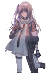 Rule 34 | 1girl, absurdres, ar-15, asymmetrical gloves, black gloves, black jacket, black necktie, black thighhighs, blue eyes, chinese commentary, closed mouth, commentary request, cowboy shot, dress, eyebrows hidden by hair, fingerless gloves, girls&#039; frontline, gloves, gun, hand up, highres, holding, holding gun, holding weapon, jacket, long hair, looking at viewer, mismatched gloves, multicolored hair, necktie, one side up, open clothes, open jacket, pink armband, pink hair, purple hair, rifle, scope, simple background, single thighhigh, sky, solo, st ar-15 (girls&#039; frontline), streaked hair, thigh strap, thighhighs, trigger discipline, weapon, white background, white dress, wu chengyi3999
