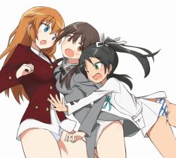 Rule 34 | 3girls, aiueo, black hair, blue eyes, brown eyes, brown hair, charlotte e. yeager, francesca lucchini, gertrud barkhorn, green eyes, hair ribbon, long hair, military, military uniform, multiple girls, orange hair, panties, ribbon, simple background, strike witches, striped clothes, striped panties, twintails, underwear, uniform, white background, world witches series