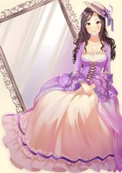 Rule 34 | 1girl, beige headwear, black hair, blush, breasts, cleavage, closed mouth, cross-laced clothes, dress, green eyes, hat, highres, idolmaster, idolmaster cinderella girls, large breasts, long hair, long sleeves, looking at viewer, mirror, mukai takumi, parted bangs, purple dress, rococo movement, shangzi, sitting, skirt, smile, solo, white skirt