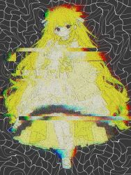 Rule 34 | 1girl, black eyes, blonde hair, dress, empty eyes, full body, glitch, grey background, highres, long hair, looking at viewer, mochu (aoishikabane), original, simple background, solo, standing, standing on one leg, very long hair, yellow dress