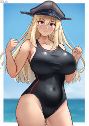 Rule 34 | 1girl, bare shoulders, bismarck (kancolle), black one-piece swimsuit, blonde hair, blue eyes, blue sky, blush, breasts, collarbone, competition swimsuit, covered navel, cowboy shot, curvy, dated, hat, highres, horizon, kantai collection, large breasts, looking at viewer, military hat, ocean, one-piece swimsuit, outdoors, peaked cap, revision, shiromaru (maniado), sky, smile, swimsuit, tsurime