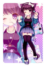 Rule 34 | 1girl, animal ears, bag, black thighhighs, bow, breasts, candy, cat ears, food, hair bow, hairband, handheld game console, jewelry, lollipop, long hair, medium breasts, momoiro taisen pairon, mouth hold, necklace, one eye closed, original, playstation portable, purple eyes, purple hair, skirt, solo, star (symbol), thighhighs, wasabi (sekai), wink, zettai ryouiki, zoom layer