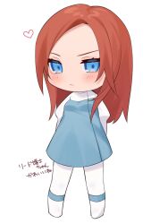 Rule 34 | 1girl, animification, apex legends, arms behind back, ashleigh reid, blue dress, blush, boots, chibi, dress, full body, heart, highres, looking at viewer, nagoooon 114, orange hair, pantyhose, solo, speech bubble, sweatdrop, translation request, v-shaped eyebrows, white background, white footwear, white pantyhose