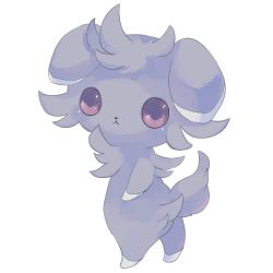 Rule 34 | 1other, :&lt;, body fur, child, creatures (company), ears down, espurr, expressionless, from behind, full body, furry, game freak, gen 6 pokemon, grey fur, highres, looking at viewer, looking back, merino (merino 9999), nintendo, other focus, pokemon, pokemon (creature), purple eyes, simple background, solo, standing, two-tone fur, white background, white fur