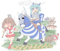 Rule 34 | 3girls, age of empires ii, barding, blue hair, brown hair, castle, commentary request, cuirass, field, hammer, hoe, horse, horseback riding, multiple girls, neckerchief, outdoors, paladin (age of empires ii), pleated skirt, red skirt, riding, sailor collar, school uniform, shield, shirt, short sleeves, silver bell, skirt, sword, villager (age of empires ii), weapon, white shirt, windmill