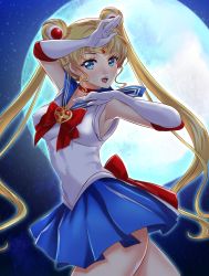 Rule 34 | 1girl, arion canvas, armpits, arms up, bishoujo senshi sailor moon, blonde hair, blue eyes, blue skirt, breasts, brooch, choker, covered erect nipples, covered navel, earrings, elbow gloves, full moon, gloves, hair ornament, heart, heart brooch, highres, jewelry, leotard, long hair, magical girl, miniskirt, moon, night, night sky, open mouth, sailor moon, sailor senshi, sailor senshi uniform, skirt, sky, smile, solo, star (sky), tiara, tsukino usagi, twintails, white gloves, white leotard