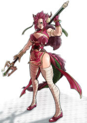 Rule 34 | 1girl, absurdres, alternate costume, animal ears, bandaged leg, bandages, bare shoulders, breasts, china dress, chinese clothes, cleavage cutout, clothing cutout, comic hand, dress, duel monster, fingerless gloves, full body, gauntlets, gloves, green eyes, hand up, highres, holding trident, horns, large breasts, open mouth, polearm behind back, red hair, short hair, single fingerless glove, single gauntlet, solo, tail, thighs, yu-gi-oh!, zoodiac drident