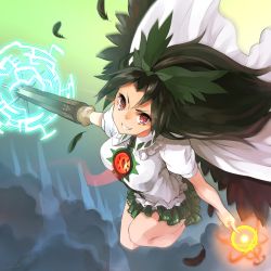 Rule 34 | 1girl, arm cannon, bad id, bad twitter id, black feathers, black hair, black wings, bow, breasts, cape, feathers, flying, green skirt, grin, hair bow, highres, legs up, light trail, long hair, looking at viewer, nuqura, powering up, red eyes, reiuji utsuho, shirt, short sleeves, skirt, smile, solo, thighs, third eye, touhou, tsurime, weapon, white shirt, wings