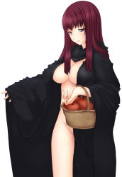 Rule 34 | 1girl, apple, basket, blush, breasts, cape, cloak, closed mouth, fingernails, food, fruit, groin, highres, large breasts, legs, long fingernails, long hair, naked cape, no panties, purple eyes, queen (snow white), red hair, revision, simple background, sleeves past wrists, smile, snow white, snow white and the seven dwarfs, solo, thighs, white background, yui.h