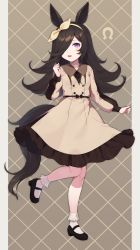 Rule 34 | 1girl, :d, absurdres, animal ears, bad id, bad pixiv id, black bow, black footwear, black hair, black ribbon, blush, bobby socks, bow, brown dress, brown hairband, brown ribbon, collarbone, collared dress, commentary request, dress, frilled dress, frills, full body, hair over one eye, hair ribbon, hairband, highres, horse ears, horse girl, horse tail, huge filesize, long sleeves, looking at viewer, neck ribbon, open mouth, puffy long sleeves, puffy sleeves, purple eyes, ribbon, rice shower (umamusume), shibainu, shoes, sleeves past wrists, smile, socks, solo, standing, standing on one leg, tail, umamusume, white socks