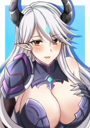 Rule 34 | 1girl, armor, breasts, brown eyes, dragon girl, dragon horns, epic seven, horns, large breasts, looking at viewer, luna (epic seven), pointy ears, smile, solo, white hair