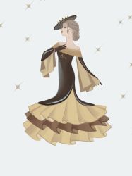 Rule 34 | 1girl, brown dress, brown hair, dress, closed eyes, full body, hand up, mu mashu, off-shoulder dress, off shoulder, open mouth, original, profile, simple background, smile, solo, standing, white background