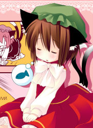Rule 34 | 1girl, animal ear fluff, animal ears, cat ears, cat girl, cat tail, chen, dress, female focus, fish, green hat, hat, multiple views, natsume eri, partially colored, sleeping, solo, tail, touhou