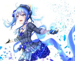 Rule 34 | 1girl, beret, blue eyes, blue hair, blue nails, blue ribbon, bracelet, choker, crown, earrings, gloves, grey hat, hat, highres, hololive, hoshimachi suisei, hoshimachi suisei (1st costume), jacket, jewelry, mugiusagi, nail polish, necklace, open mouth, partially fingerless gloves, plaid, plaid jacket, plaid skirt, ribbon, side ponytail, simple background, skirt, solo, star (symbol), star earrings, star in eye, star necklace, symbol in eye, virtual youtuber, white background