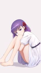 Rule 34 | 1girl, barefoot, crossed arms, expressionless, fate/grand order, fate (series), fetal position, hair ribbon, highres, hyuuga azuri, long hair, looking at viewer, matou sakura, official alternate costume, puffy short sleeves, puffy sleeves, purple eyes, purple hair, red ribbon, ribbon, short sleeves, sitting, solo