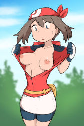 Rule 34 | 1girl, bag, bandana, bike shorts, blue eyes, breasts, brown hair, creatures (company), eyebrows, game freak, highres, iegami, long hair, may (pokemon), nintendo, open mouth, outdoors, pokemon, pokemon rse, shirt, solo, standing, surprised, sweat