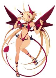 Rule 34 | antenna hair, black nails, blonde hair, breasts, demon girl, demon horns, demon tail, demon wings, disgaea, disgaea rpg, earrings, fang, full body, hair over one eye, heart, heart tattoo, high heels, horns, jewelry, large breasts, long hair, long tail, lucy (disgaea), nail polish, navel, o-ring, o-ring swimsuit, official art, open mouth, photoshop (medium), pointy ears, red eyes, red tail, red wings, ribbon, sandals, simple background, solo, sparkle, swimsuit, tail, tattoo, toenail polish, toenails, v, very long hair, w arms, white background, wings, wrist ribbon