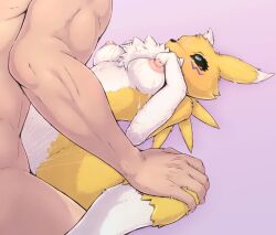 Rule 34 | 1boy, 1girl, animal ears, animal nose, black sclera, blue eyes, body fur, breasts, breasts apart, colored sclera, completely nude, cum, cum in pussy, digimon, digimon (creature), ejaculation, facial mark, fox ears, fox girl, furry, furry with non-furry, hand on another&#039;s knee, hand on own chest, hand up, hetero, highres, interspecies, lactation, looking up, lying, medium breasts, neck fur, nipples, nude, on back, purple background, renamon, rengaboo, sex, simple background, snout, spread legs, two-tone fur, vaginal, white fur, yellow fur
