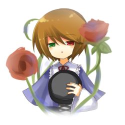 Rule 34 | 00s, 1girl, :o, black hat, blush, brown hair, capelet, expressionless, fedora, flower, frilled sleeves, frills, green eyes, half-closed eyes, hat, heterochromia, holding, holding clothes, holding hat, long sleeves, looking at viewer, lowres, open mouth, red eyes, red flower, rozen maiden, short hair, simple background, sketch, solo, souseiseki, unworn hat, unworn headwear, upper body, white background, wide sleeves, yuzuki (yuduame)