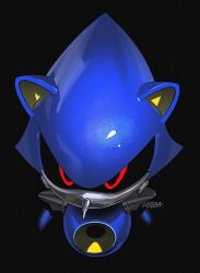 Rule 34 | 1boy, absurdres, black background, black sclera, colored sclera, commentary, english commentary, highres, hyeon sonic, male focus, metal sonic, no mouth, non-humanoid robot, red eyes, robot, robot animal, solo, sonic (series), upper body