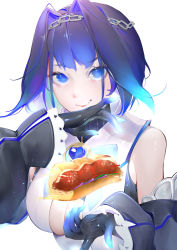 Rule 34 | 1girl, absurdres, black gloves, blue hair, breasts, chain, cleavage, cleavage cutout, clothing cutout, commentary, detached sleeves, english commentary, food, gloves, hair intakes, hairband, highres, hololive, hololive english, looking at viewer, meoniac, ouro kronii, ouro kronii (1st costume), parted lips, sandwich, shirt, sleeveless, sleeveless shirt, smile, solo, submarine sandwich, upper body, virtual youtuber, white shirt