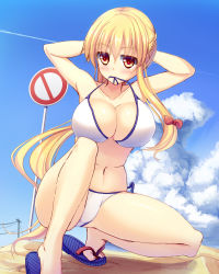 Rule 34 | 1girl, adjusting hair, alternate costume, alternate eye color, alternate hairstyle, arms behind head, arms up, bikini, biting, biting clothes, blonde hair, blush, bow, breasts, cleavage, cloud, cloudy sky, collarbone, day, hair bow, highres, huge breasts, liya, long hair, looking at viewer, navel, red bow, road sign, sandals, sign, sky, solo, squatting, swimsuit, touhou, white bikini, yakumo yukari, yellow eyes