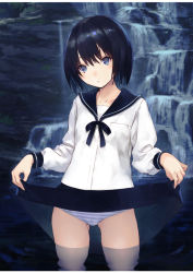 Rule 34 | 1girl, breast pocket, breasts, clothes lift, commentary request, cowboy shot, dark background, gluteal fold, head tilt, jiyu2, letterboxed, lifted by self, long sleeves, nature, night, original, outdoors, panties, pocket, ripples, school uniform, serafuku, shirt, short hair, skirt, skirt lift, small breasts, solo, standing, striped clothes, striped panties, underwear, wading, water, waterfall, white shirt
