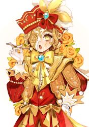Rule 34 | 1boy, :o, androgynous, ascot, blonde hair, blue gemstone, bow, brooch, curly hair, edgar valden, edgar valden (narcissus), floral background, flower, gem, gloves, half mask, hand on own hip, hat, hat bow, hat feather, highres, hoge (n8sss), holding, holding paintbrush, identity v, jacket, jewelry, lapels, long sleeves, looking at viewer, male focus, mask, orange flower, orange rose, paintbrush, puffy long sleeves, puffy sleeves, red bow, red hat, red jacket, rose, shawl lapels, solo, teardrop facial mark, upper body, white ascot, white background, white gloves, yellow bow, yellow eyes