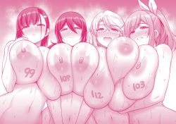 Rule 34 | 4girls, blush, breast press, breasts, completely nude, glasses, hair between eyes, hair ornament, hair ribbon, half-closed eyes, huge breasts, inverted nipples, kanno takanori, long hair, looking at viewer, monochrome, multiple girls, navel, nipples, nude, open mouth, ponytail, ribbon, smile, sweat, upper body