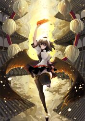 Rule 34 | 1girl, architecture, arm up, backlighting, belt, black hair, black skirt, black thighhighs, black wings, breasts, building, closed mouth, commentary request, east asian architecture, feathered wings, fingerless gloves, full body, geta, gloves, hand fan, hat, hauchiwa, highres, holding, holding fan, ishida kazuma, knee up, large breasts, looking at viewer, medium hair, outdoors, pom pom (clothes), red belt, red eyes, shameimaru aya, shirt, short sleeves, single fingerless glove, single glove, skindentation, skirt, smile, solo, tengu-geta, thighhighs, toeless legwear, tokin hat, touhou, white shirt, wings