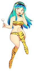 Rule 34 | 1girl, :d, absurdres, animal print, bare shoulders, bikini, boots, breasts, cone horns, dandelion, flower, flowers-imh, full body, green hair, highres, horns, knee boots, long hair, looking at viewer, lum, medium breasts, navel, oni, open mouth, pointy ears, simple background, smile, solo, strapless, swimsuit, tiger print, urusei yatsura, white background, yellow eyes