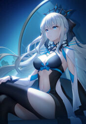 Rule 34 | 1girl, black bow, black dress, black footwear, blue eyes, boots, bow, braid, breasts, center opening, cleavage, dress, fate/grand order, fate (series), french braid, grey hair, hair bow, highres, large breasts, lightria, long hair, long sleeves, morgan le fay (fate), navel, ponytail, sidelocks, sitting, solo, stomach tattoo, tattoo, thigh boots, thighs, tiara, two-tone dress, very long hair, white dress, wide sleeves