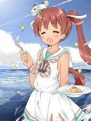 Rule 34 | 10s, 1girl, :d, ^ ^, bad id, bad pixiv id, brown hair, closed eyes, dark-skinned female, dark skin, dress, food, fork, hair ribbon, hat, kantai collection, libeccio (kancolle), long hair, open mouth, pasta, ribbon, sailor dress, sedona, smile, solo, spaghetti, twintails