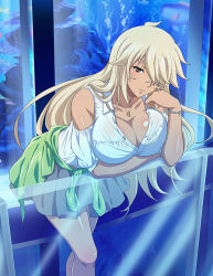 Rule 34 | 1girl, bare legs, blonde hair, bracelet, breasts, brown eyes, cleavage, closed mouth, clothes around waist, clothing cutout, collarbone, dress shirt, grey skirt, hair over one eye, ikkitousen, jewelry, large breasts, leaning forward, long hair, looking at viewer, miniskirt, musashibou benkei (ikkitousen), pleated skirt, shiny skin, shirt, short sleeves, shoulder cutout, skirt, smile, solo, standing, straight hair, sweater, sweater around waist, very long hair, white shirt