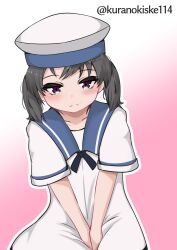 Rule 34 | 1girl, black hair, blue sailor collar, dress, gradient background, hat, highres, kantai collection, kurano kisuke, one-hour drawing challenge, pink background, purple eyes, sailor collar, sailor dress, sailor hat, short sleeves, shounan (kancolle), solo, twintails, twitter username, v arms, white dress, white hat