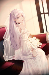 Rule 34 | 1girl, absurdres, black choker, bouquet, bridal veil, choker, couch, dress, film grain, flower, grey eyes, hair flower, hair ornament, highres, light, long hair, looking at viewer, looking to the side, maplestory, mole, mole under eye, open mouth, pasta (sanyan), silver hair, simple background, sitting, solo, veil, wedding dress, white dress