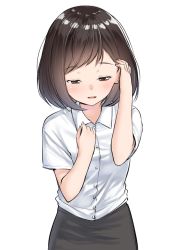 Rule 34 | 1girl, arm up, blush, bob cut, brown eyes, brown hair, brown skirt, collared shirt, commentary request, dress shirt, half-closed eyes, hand up, highres, looking at viewer, original, parted lips, shirt, short hair, simple background, skirt, solo, white background, white shirt, yuki arare