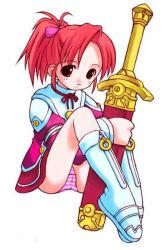 Rule 34 | boots, panties, pink panties, red hair, sanary, solo, striped clothes, striped panties, summon night, summon night: swordcraft story, sword, underwear, weapon
