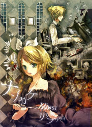 Rule 34 | 1boy, 1girl, blonde hair, blue eyes, brother and sister, cup, dress, drinking glass, instrument, jigsaw puzzle, kagamine len, kagamine rin, lilithbloody, nazotoki (vocaloid), piano, puzzle, short hair, siblings, twins, vocaloid, wine glass
