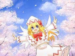 Rule 34 | 1girl, blonde hair, blouse, blue eyes, blue sky, bow, bowtie, capelet, cherry blossoms, day, fairy wings, female focus, hair between eyes, hat, hat bow, highres, kibisake, lily white, long hair, long sleeves, looking at viewer, open mouth, outdoors, outstretched arms, petals, red bow, red bowtie, s katsuo, shirt, skirt, sky, smile, solo, touhou, tree, white shirt, wings