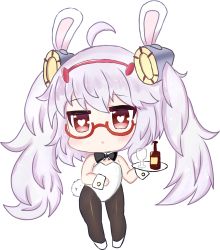 Rule 34 | 1girl, :o, ahoge, animal ears, azur lane, bailingxiao jiu, bare shoulders, bespectacled, black bow, black bowtie, black pantyhose, blush, bottle, bow, bowtie, chibi, collar, cup, detached collar, drinking glass, fake animal ears, full body, glass bottle, glasses, hair between eyes, hair ornament, hairband, heart, heart-shaped pupils, highres, holding, holding tray, laffey (azur lane), leotard, long hair, pantyhose, parted lips, playboy bunny, purple hair, rabbit ears, rabbit girl, rabbit tail, red-framed eyewear, red eyes, red hairband, simple background, solo, standing, strapless, strapless leotard, symbol-shaped pupils, tail, tray, twintails, very long hair, white background, white collar, white footwear, white leotard, wine glass, wrist cuffs