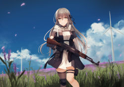 Rule 34 | 1girl, absurdres, ak-47, assault rifle, bad id, bad pixiv id, black gloves, black jacket, black ribbon, blue sky, blush, braid, breasts, brown eyes, brown hair, brown thighhighs, chihuri, closed mouth, cloud, commentary request, day, dress, field, flower, gloves, grass, gun, hair between eyes, hair ribbon, highres, holding, holding gun, holding weapon, jacket, kalashnikov rifle, long hair, long sleeves, looking at viewer, medium breasts, open clothes, open jacket, original, outdoors, petals, purple flower, ribbon, rifle, single thighhigh, sky, smile, solo, thigh strap, thighhighs, trigger discipline, type 56 assault rifle, very long hair, weapon, white dress, wind turbine, windmill