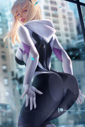 Rule 34 | 1girl, against glass, ass, ass on glass, blonde hair, blue eyes, blurry, blurry background, bodysuit, breasts, city, crotch, day, female focus, from behind, gwen stacy, hood, hood down, hooded bodysuit, lips, long hair, looking at viewer, looking back, marvel, medium breasts, olchas, parted lips, short hair, solo, spider-gwen, spider-man (series), spider web print