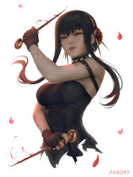Rule 34 | 1girl, artist name, bare shoulders, black hair, blood, blood on face, blood on hands, breasts, commentary, dagger, dress, earrings, english commentary, flower, golden rose, hair flower, hair ornament, hairband, highres, holding, holding weapon, jewelry, knife, large breasts, looking at viewer, medium breasts, petals, red eyes, short hair with long locks, sidelocks, solo, spy x family, stiletto (weapon), upper body, weapon, white background, yor briar, zarory