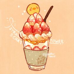 Rule 34 | animal-themed food, artist name, bird, chick, commentary, cup, disposable cup, english commentary, english text, food, food focus, fruit, ice cream cone, milkshake, nao (bestrollever), no humans, orange background, original, simple background, sparkle, spoon, strawberry, strawberry slice, waffle cone, whipped cream