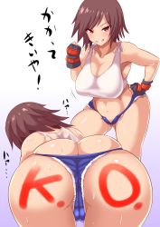 Rule 34 | 1girl, armpits, ass, bare shoulders, bent over, black gloves, blush, body writing, breasts, brown hair, butt crack, cleavage, cleft of venus, collarbone, commentary request, curvy, fingerless gloves, gloves, grin, hand guard, hand on own hip, highres, instant loss, kazama asuka, konno tohiro, large breasts, looking at viewer, micro shorts, multiple views, navel, pink eyes, revealing clothes, short hair, short shorts, shorts, smile, sports bra, stomach, sweat, tekken, translated, tsurime, wet, wet clothes