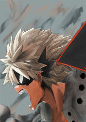 Rule 34 | 1boy, angry, bakugou katsuki, black mask, blonde hair, boku no hero academia, commentary request, derivative work, eye mask, from side, grey background, highres, male focus, multicolored hair, open mouth, portrait, pote to, red eyes, short hair, solo, spiked hair, steam, teeth, two-tone hair