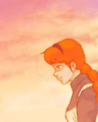 Rule 34 | anne of green gables, anne shirley, apron, bow, braid, brown hair, green eyes, hair bow, hairband, long hair, nippon animation, orange hair, oyasumi, pink theme, profile, red sky, sky, smile, solo, world masterpiece theater